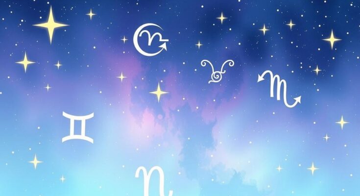Astrological symbols over a serene night sky, surrounded by constellations and zodiac signs in soft pastel colors.