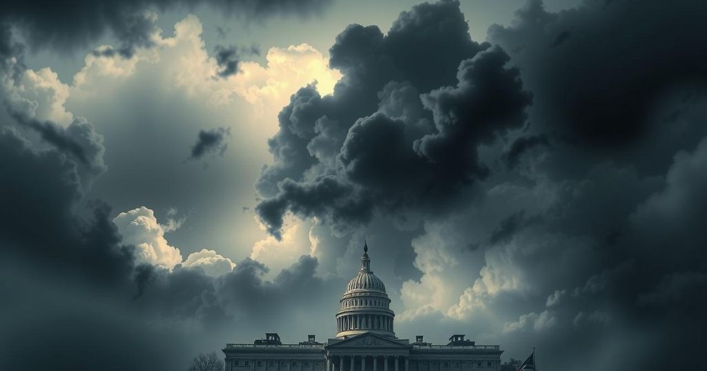 A dramatic political landscape with dark clouds, symbolizing rising tensions and misinformation in political discourse.