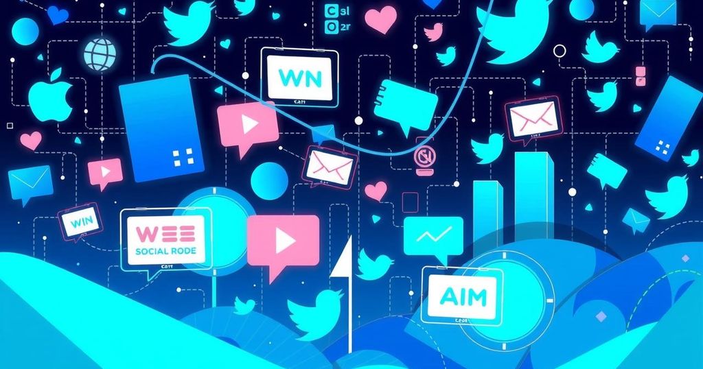 A digital landscape representing the influence of social media on politics with vibrant blues and abstract shapes.