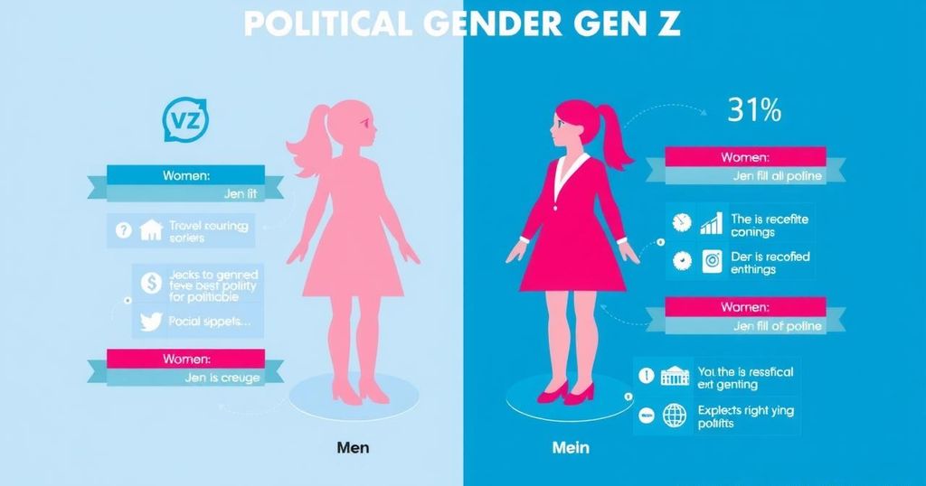 A vibrant graphic representation of Gen Z gender gap in politics, highlighted by progressive ideals and contrasting opinions.