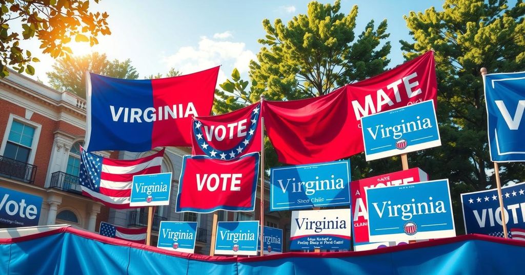 Historic Virginia election scene showcasing a vibrant atmosphere with campaign signs and colorful banners, symbolizing democracy.