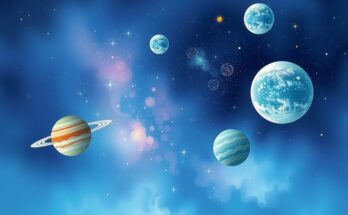 Celestial scene with planets and stars, showcasing a cosmic transition with calming blue and purple colors.