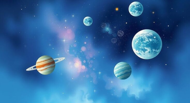 Celestial scene with planets and stars, showcasing a cosmic transition with calming blue and purple colors.