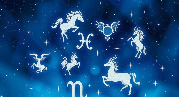 Celestial theme with zodiac signs, stars, and a deep blue galaxy, conveying astrological insights and emotions.