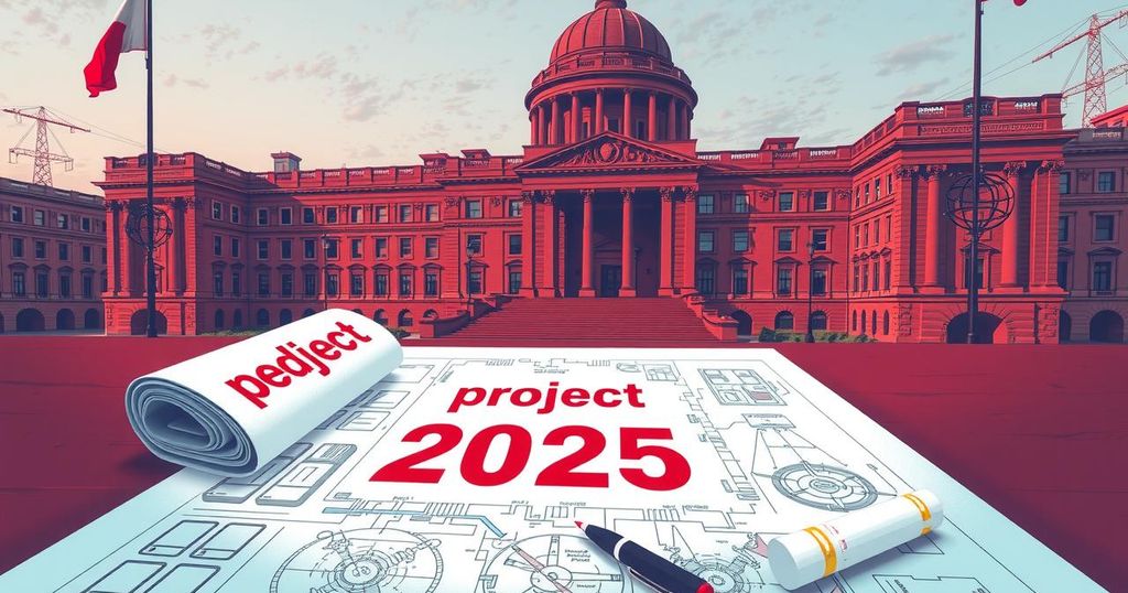 A conceptual illustration of a political agenda blueprint against a backdrop of a historic building.