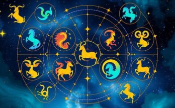 Colorful zodiac signs in a celestial theme representing daily horoscope predictions.