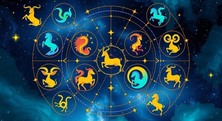 Colorful zodiac signs in a celestial theme representing daily horoscope predictions.
