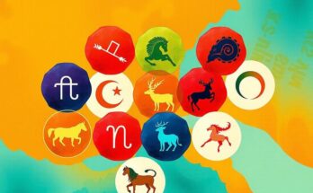 Collage of zodiac signs with vibrant colors representing daily horoscope predictions.