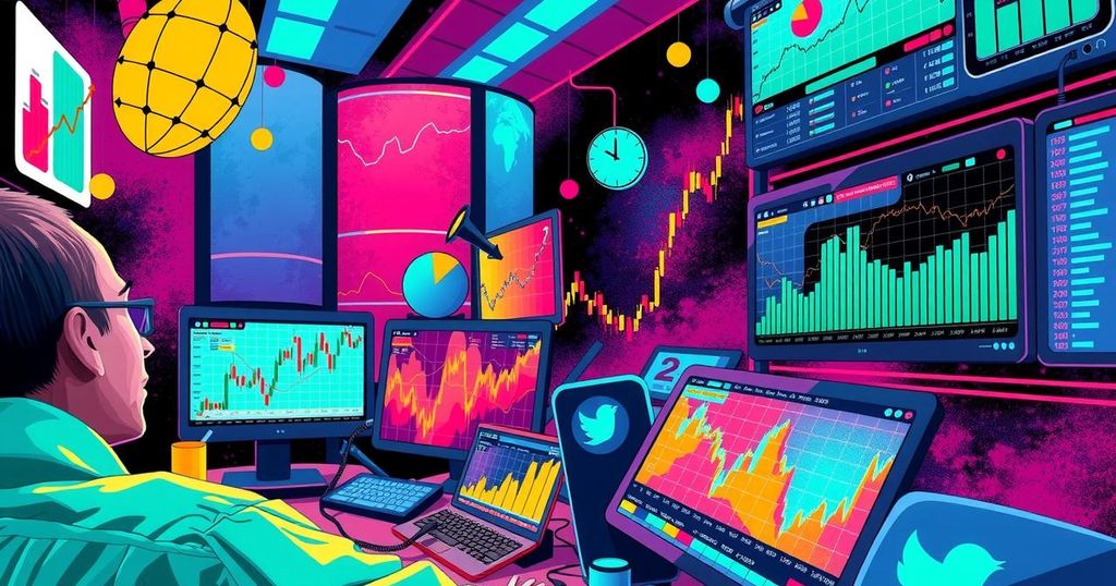 Картинка, изображающая экономическую активность, финансовые графики и биржевые ходы в ярких цветах.