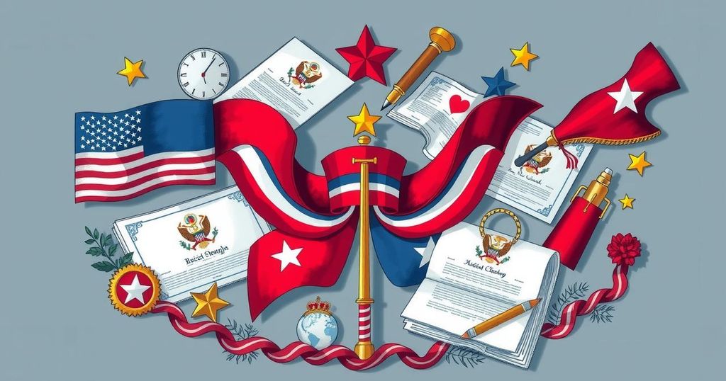 Символические изменения в политике США: флажки, значки, документ и граница на фоне.