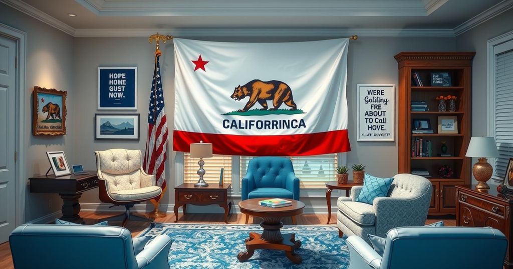 Governor's office with California flag and political campaign elements, representing ambition and leadership.