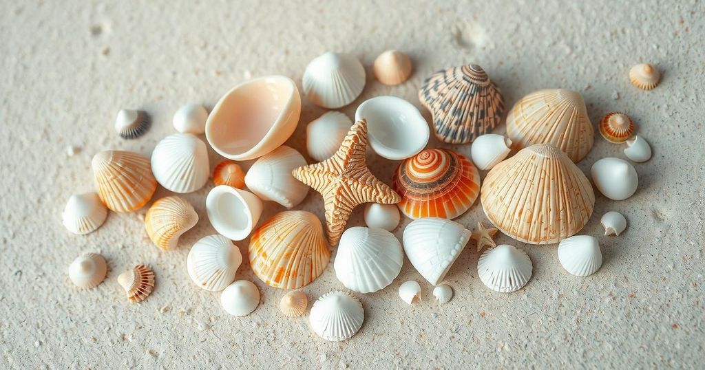 Seashells arranged on a beach, showcasing natural textures and colors in a serene coastal setting.