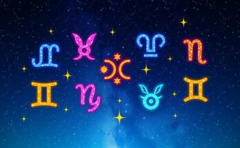 Colorful zodiac symbols representing daily horoscope insights with a starry backdrop.