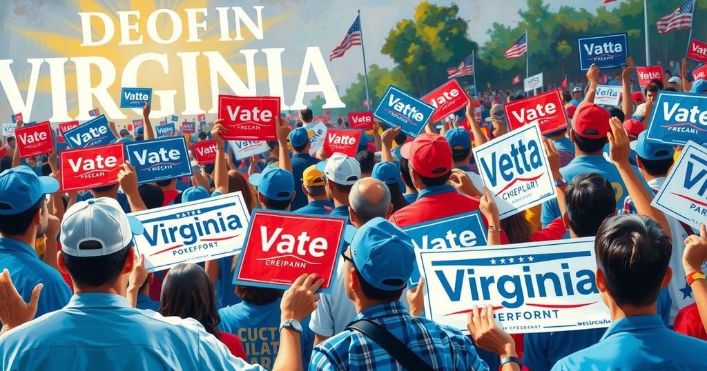 A vibrant political rally in Virginia, with campaign signs, supporters in bright colors, and a hopeful atmosphere.