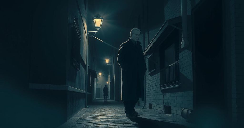 A dark alley with shadows portraying political tension and unease, with muted colors creating a somber atmosphere.