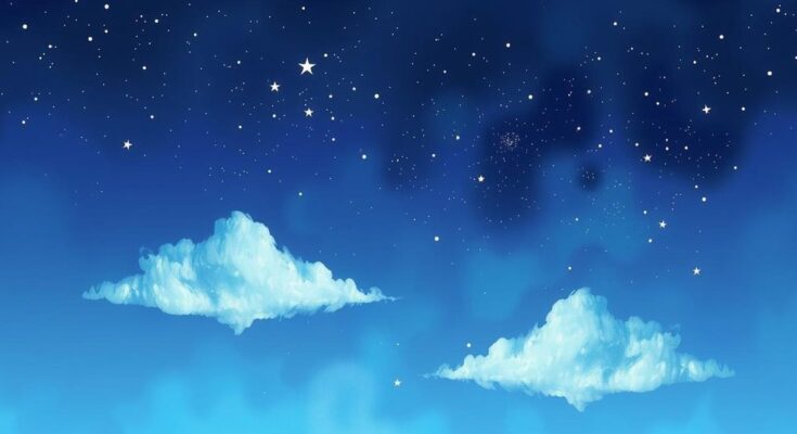 A serene scene depicting a starry night sky reflecting optimism and connection, in soft blues and purples.