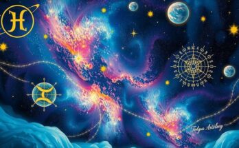 A celestial scene depicting planetary alignments and astrological symbols under a starry night sky.