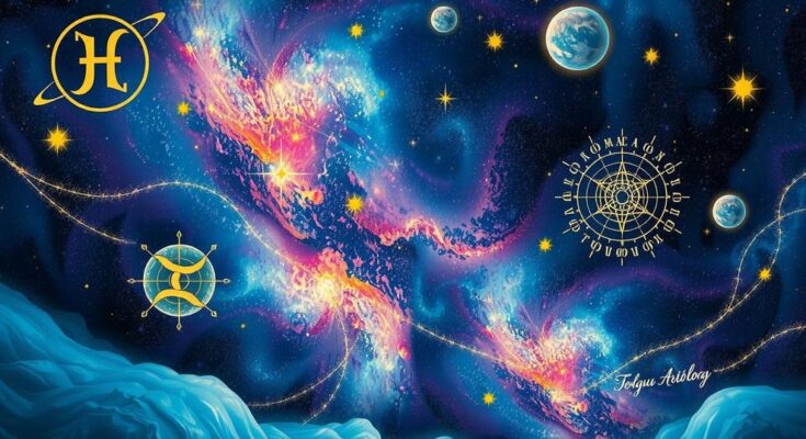 A celestial scene depicting planetary alignments and astrological symbols under a starry night sky.