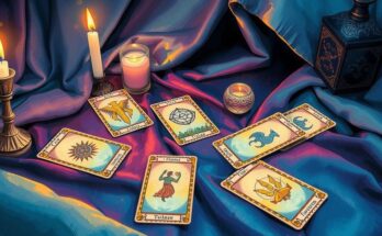 Artistic depiction of tarot card readings, featuring vibrant colors and mystical symbols representing zodiac signs.
