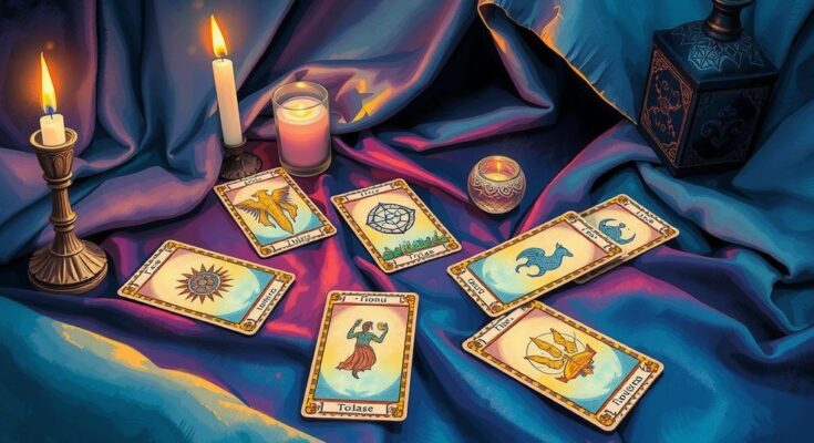 Artistic depiction of tarot card readings, featuring vibrant colors and mystical symbols representing zodiac signs.